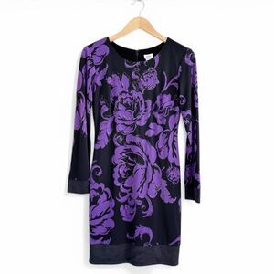 Cache Floral Print Sheath Dress Long Sleeve Stretch Silk Trim Size 4